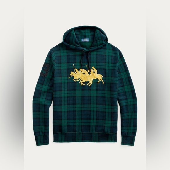 POLO RALPH LAUREN Men's Green Tartan Plaid Gold Triple-Pony Fleece Hoodie